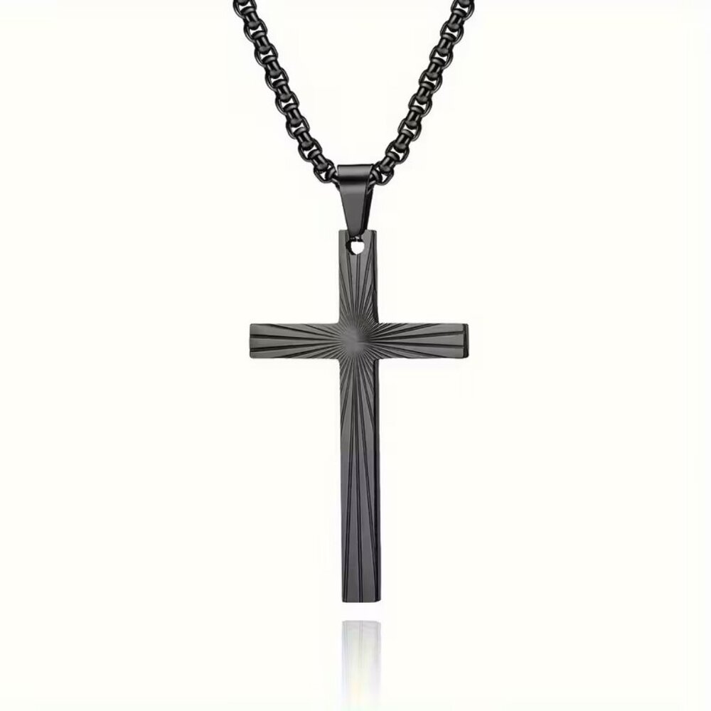 Black Christian Cross Pendant Necklace Sunburst Etched Chain Faith Jewelry Gift
